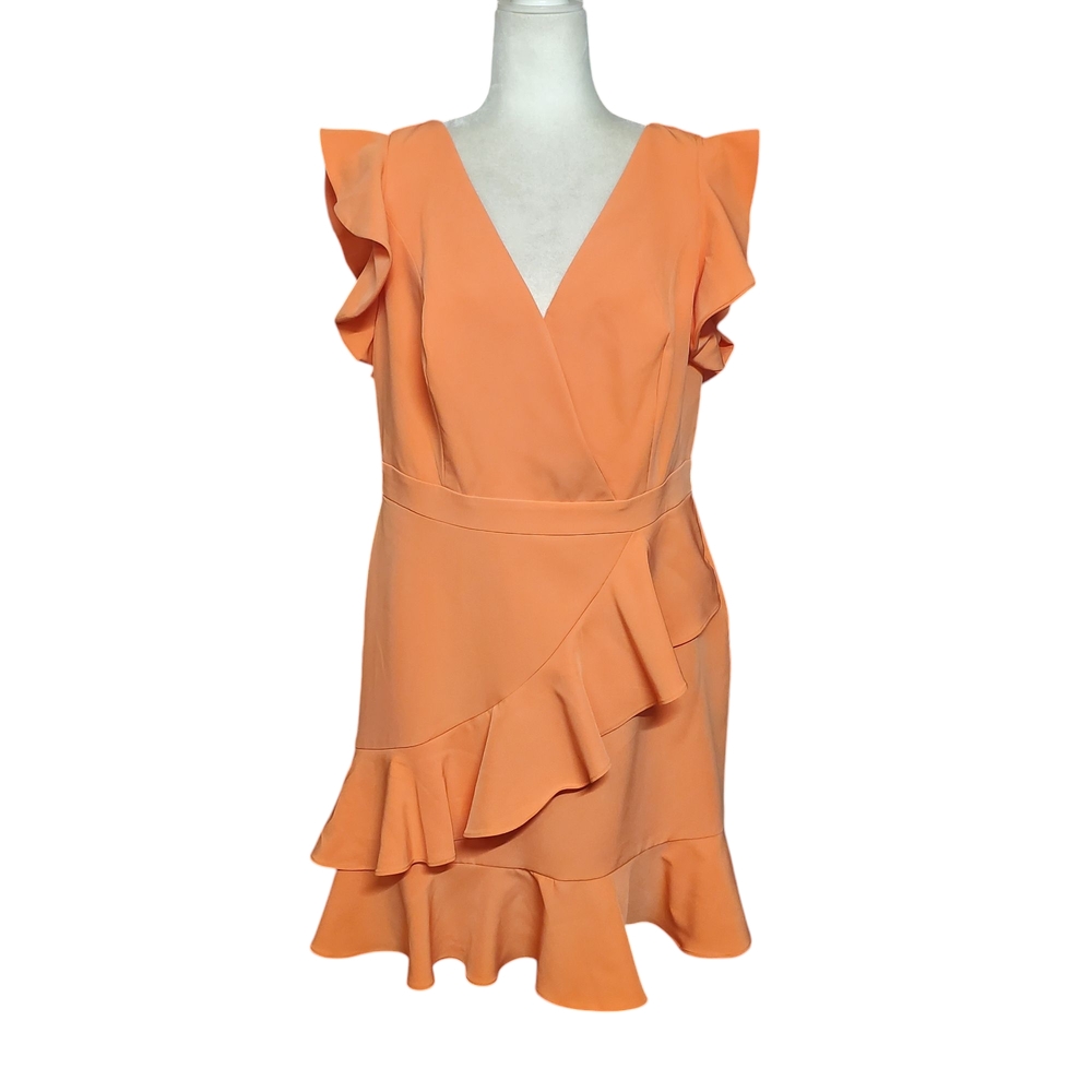 City Chic Women Flutter Dress XS/14 Melon Short Sleeve V-neck Asymmetrical Hem